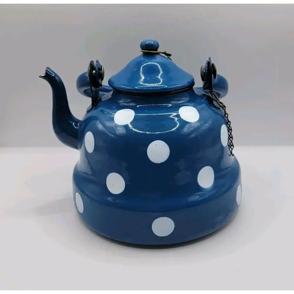 Vintage Graniteware Blue & White Polka Dots Enamel Gooseneck Swing Handle Teapot